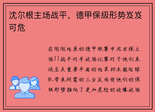沈尔根主场战平，德甲保级形势岌岌可危