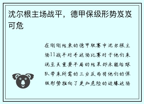 沈尔根主场战平，德甲保级形势岌岌可危
